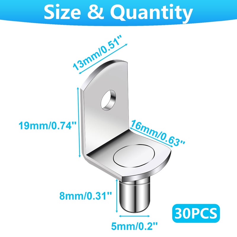 Hmknana 5mm Shelf Support Pegs, Cabinet Shelf Pegs with Hole, L-Shaped Bracket Support Pin, Nickel Plated Shelf Pins for Shelves Furniture Kitchen Bookcase Closet (30Pcs) - Image 2